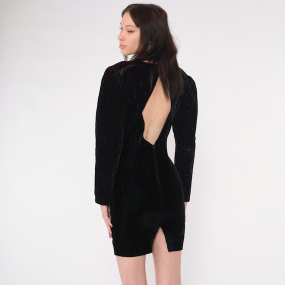 Vintage Velvet Mini Dress 80s Black Glitter Floral Open Back Formal Party Long Puff Sleeve Evening Sheath 1980s Cocktail Extra Small xs