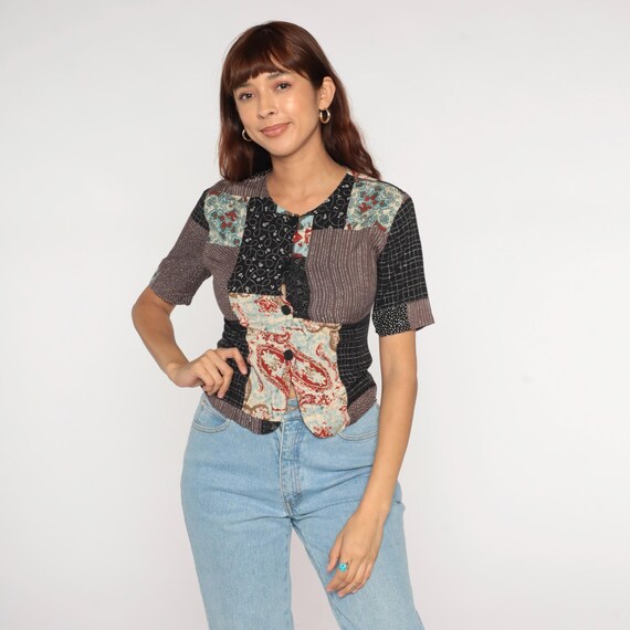 80s Patchwork Blouse Cropped Black Brown Cream Fl… - image 5