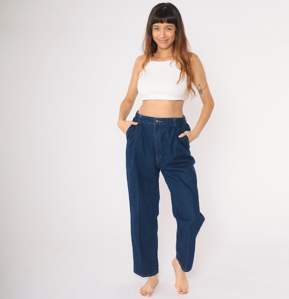 80s Dark Wash Jeans Pleated Creased Jeans High Elastic Waist Jeans Retro Blue Denim Pants Vintage 1980s Small Medium