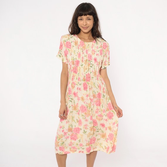 90s Floral Dress Pink Yellow Cream Cottagecore Prairie Pleated Pintuck Bodice Short Sleeve Tie Back Summer Garden Party Pastel Large L