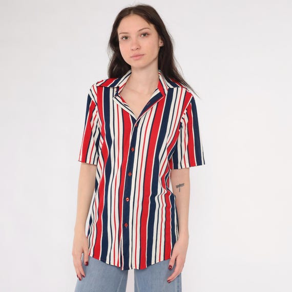 70s Striped Shirt Red White Blue Vintage Retro Button Up Pointed Dagger Collar Top Retro Preppy Short Sleeve 1970s Americana Men's Medium