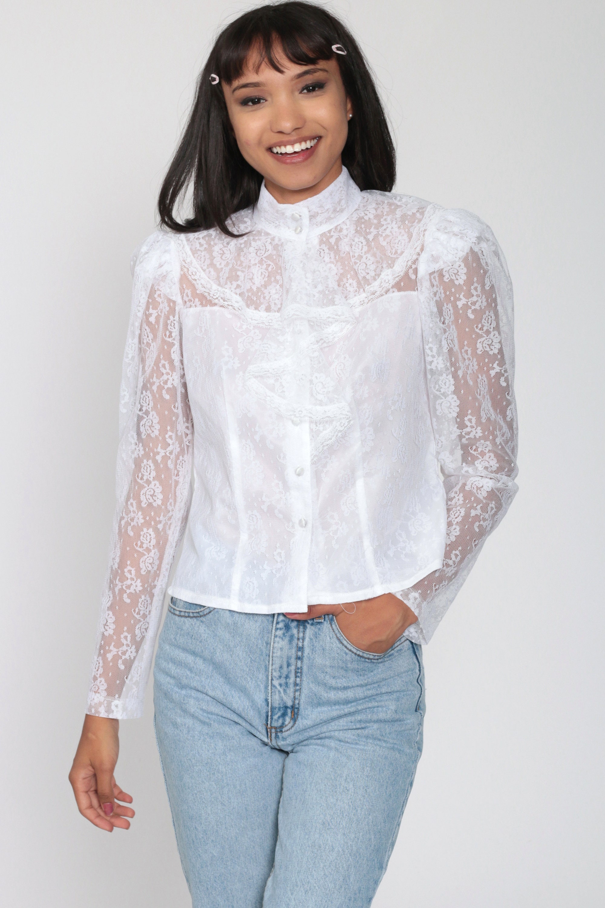 White Lace Blouse 80s Boho Lace Top White Ruffle Shirt Tuxedo Blouse