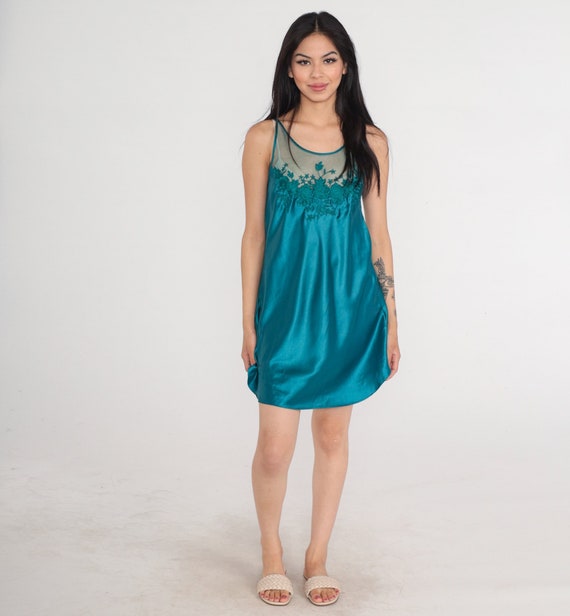 Teal Blue Slip Dress 90s Lingerie Mini Dress Sheer Floral Mesh Lace Trim Satin Nightgown Spaghetti Strap Nightie Sexy Vintage 1990s XS
