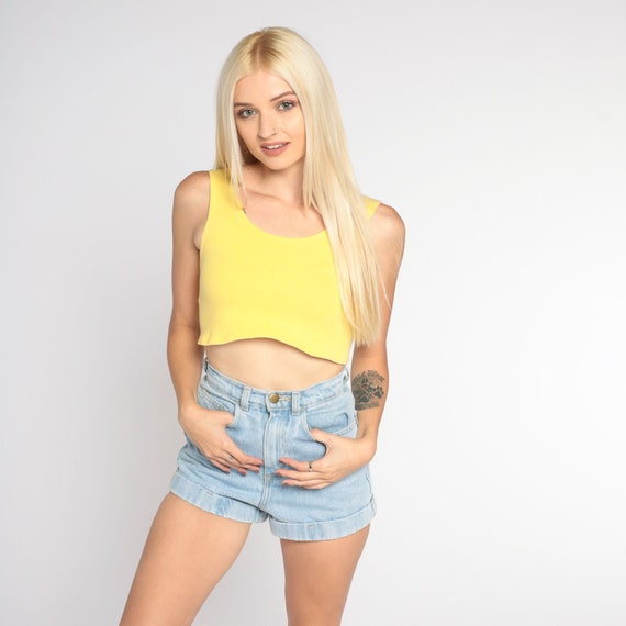 Yellow Crop Top 90s Ribbed Tank Top Retro Sleeveless Shirt Basic Minimalist Cropped Shirt Plain Athleisure Sporty Vintage 1990s Small S