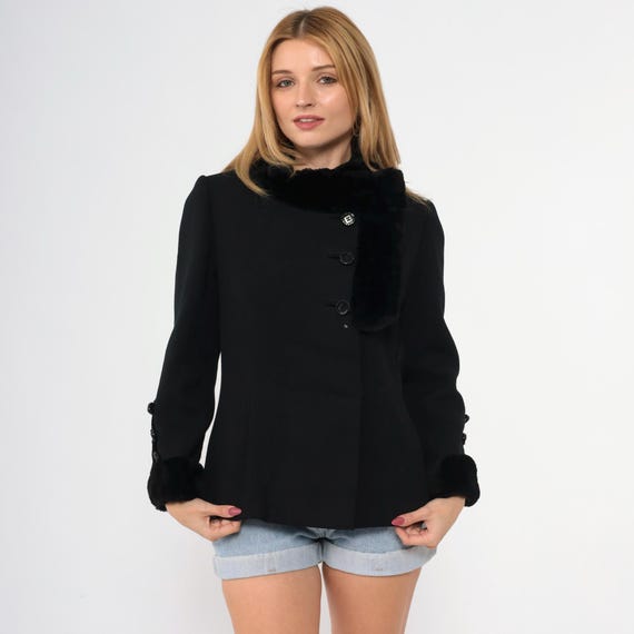 60s Black Faux Fur Trim Jacket Mod Jackie O Coat Vintage Classic Asymmetrical Button Up Fall Bohemian 1960s Vintage Retro Extra Small xs