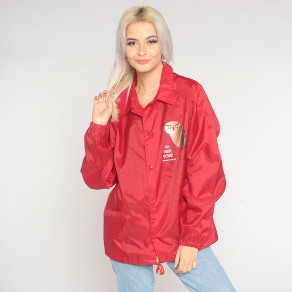 The Living Desert Jacket 90s Owl Windbreaker Red Snap Up Uniform Jacket Nylon Lightweight Retro Thin California Bird Vintage 1990s Medium