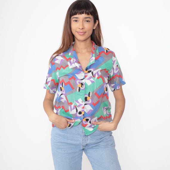 Abstract Geometric Shirt 80s Chevron Button Front Short Sleeve Collared Blouse Green Blue Purple Red White Multicolor Vintage Top Small S
