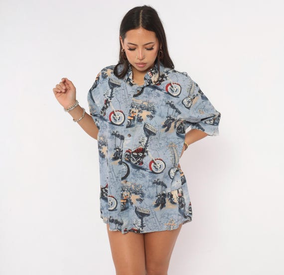 Y2K Motorcycle Print Shirt Blue Moto Biker Button Front Cotton Short Sleeve Boxy Fit Novelty Graphic Top Summer Mens Vintage Medium M