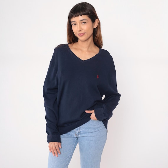 Polo Ralph Lauren Sweater Navy V Neck Cotton 90s Preppy Logo Pullover Blue Collegiate Vintage Classic Knit University Club Varsity Large L