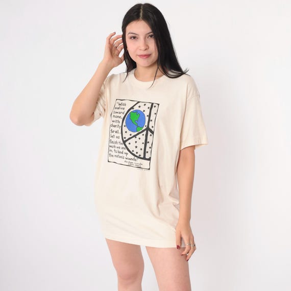 Lincoln Peace Quote T-Shirt Organic Cotton Sustainable Earth Peace Sign Vintage Political Statement Tee Handmade in Texas USA Medium Large