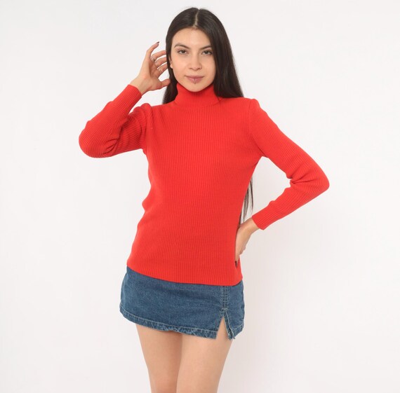 70s Red Turtleneck Ribbed Knit Sweater Fitted Pullover High Neck Long Sleeve Crimson Winter Top Vintage Tomato Jumper Small To Medium S M