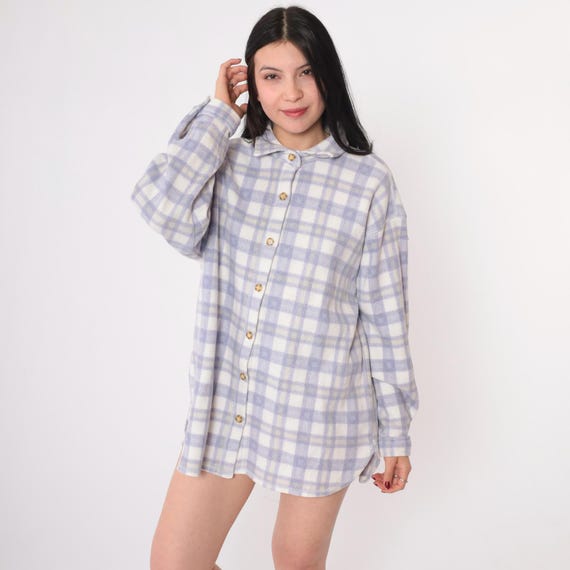 90s Vintage Plaid Fleece Shirt Jacket Oversized Purple White Button Up Collared Long Sleeve Shacket Cherokee Large L/XL