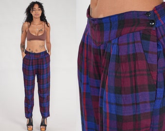 90s Plaid Pants Purple Blue Checkered Trousers Pleated Tapered Leg High Waisted Punk Preppy 1990s Vintage Rayon Medium Large