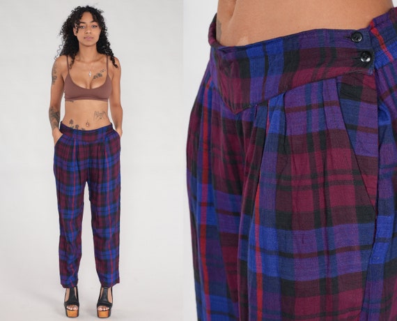 90s Plaid Pants Purple Blue Checkered Trousers Pleated Tapered Leg High Waisted Punk Preppy 1990s Vintage Rayon Medium Large