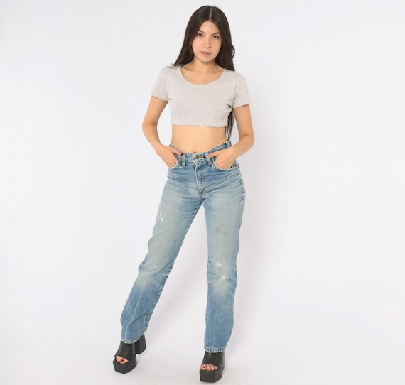Distressed 80s Light Wash Jeans Straight Leg High Rise Blue Cotton Denim Pants Ripped Grunge Western Boyfriend Streetwear Vintage Small S