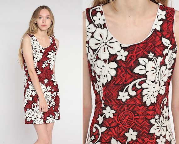 Hawaiian Mini Dress 90s Tropical Floral Sundress Red Flower Turtle Print Sun Dress Summer Boho Retro Sleeveless Sheath Vintage 1990s Medium