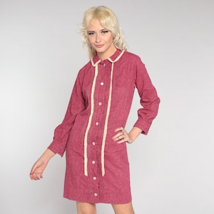 1960s Mod Dress TUXEDO Lace Dress Burgundy Mod Mini Shift 60s Shirtdress Vintage Twiggy Dolly Button Up Dolly Collar Small