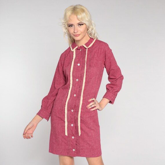 1960s Mod Dress TUXEDO Lace Dress Burgundy Mod Mini Shift 60s Shirtdress Vintage Twiggy Dolly Button Up Dolly Collar Small