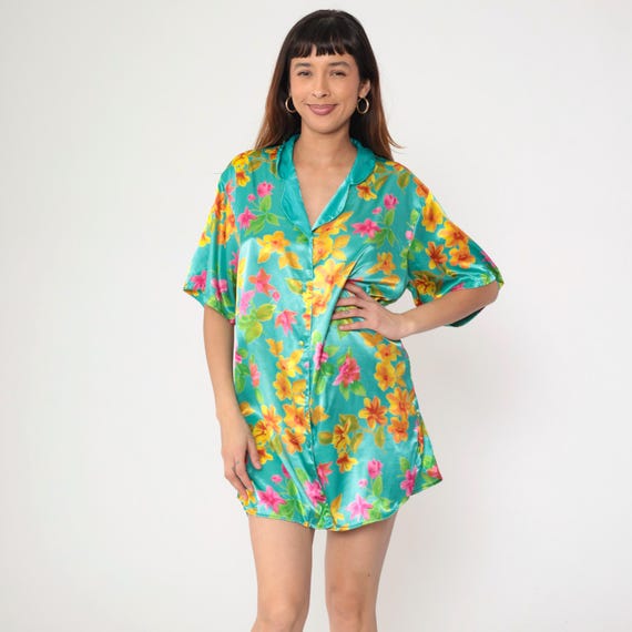 90s Victoria's Secret Nightgown Aqua Floral Satin Pajama Dress Vintage Tropical Button Up Mini Nightie Lingerie Short Sleeve 1990s Medium M
