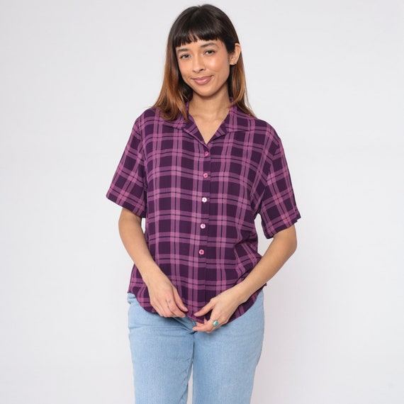 Purple Plaid Blouse 90s Button Up Shirt Checkered Print Short Sleeve Collared Retro Vintage 1990s Two Tone Rayon Blend Medium 10 Petite