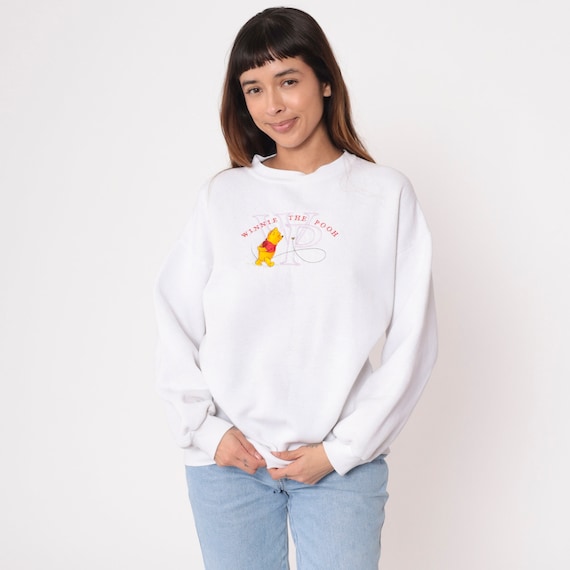 Winnie The Pooh Sweatshirt 90s White Embroidered Walt Disney Sweater Graphic Shirt Cartoon 1990s Vintage Bee Crewneck Kawaii Large L