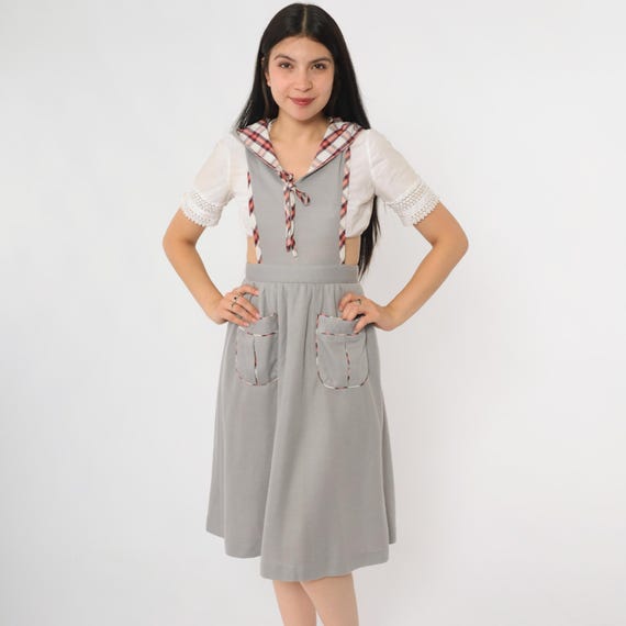 70s Jumper Dress School Uniform Gray Plaid Trim Sailor Collar Pocket Detail Kawaii Preppy Academia Cosplay Midi Length Size XS Extra Small