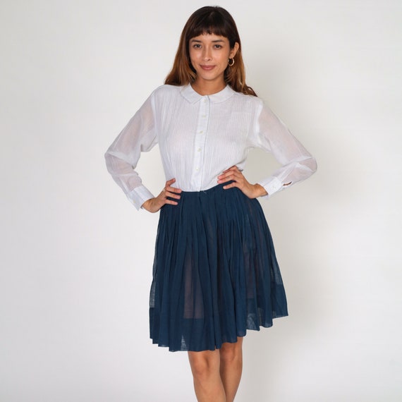 60s Shirtwaist Dress Button up Mini Dress Semi-Sheer White Navy Blue Long Sleeve Collared Shirt Waist Preppy Retro Vintage 1960s Small S