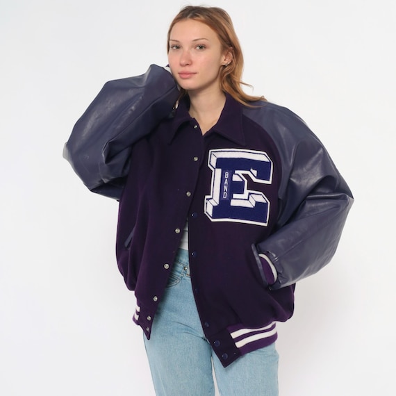 Purple Varsity Jacket Y2K Letterman Wool Leather Sleeves College Athletic Preppy Bomber Striped Trim Vintage Plus Size Extra Extra Large XXL