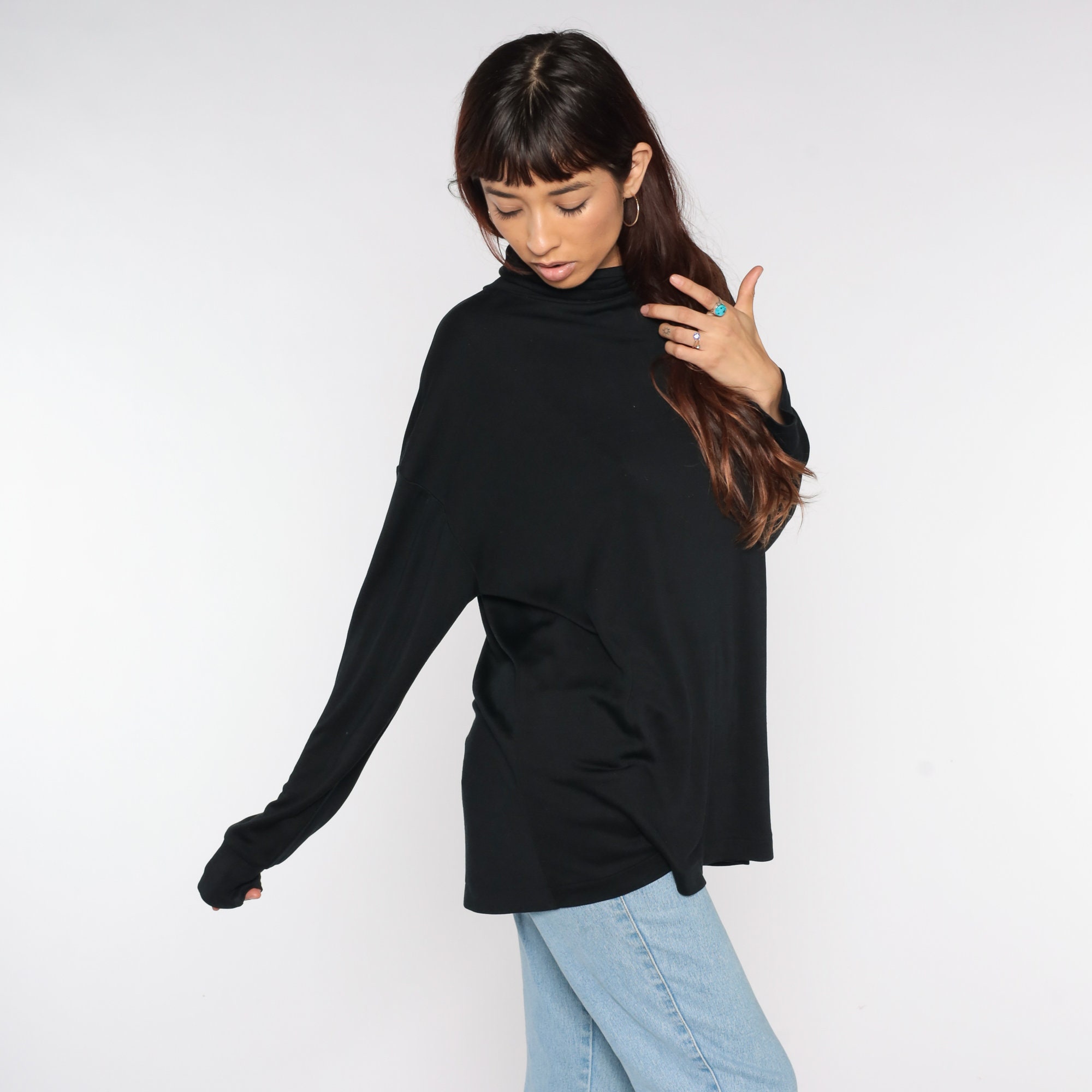 Black Silk Turtleneck 90s Shirt Long Sleeve Blouse Oversized Tee Silky 1990s Basic Plain Vintage 