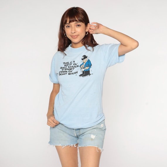 Dirty Old Salt Chuck Boat Show T-Shirt 80s Light Blue Sailor Character Vintage Novelty Funny Cartoon Maritime Nautical Statement Medium M