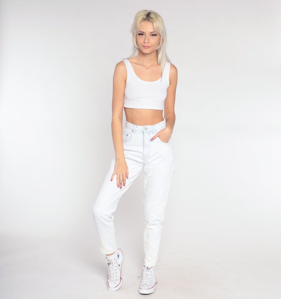 90s Jordache Jeans Pale White-Blue Skinny Mom Jeans Cutout High Waisted Ankle Snap Denim Pants Tapered Slim Vintage 1990s Extra Small xs 25