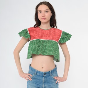 70s Peasant Blouse Red Green Calico Floral Crop Top Short Flutter Sleeve Prairie Shirt Vintage 1970s Boho Hippie Color Block Yoke Small S