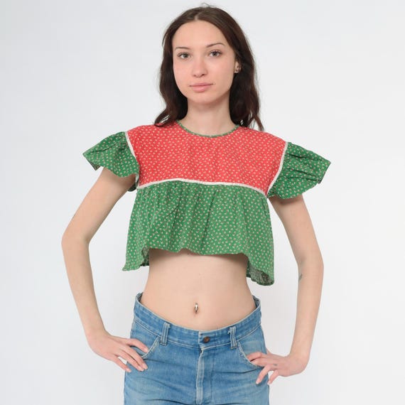 70s Peasant Blouse Red Green Calico Floral Crop Top Short Flutter Sleeve Prairie Shirt Vintage 1970s Boho Hippie Color Block Yoke Small S