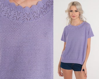 Purple Sweater Top 80s Pointelle Knit Shirt Cutout Short Sleeve Blouse Scalloped Spring Boho Open Weave Cut Out Acrylic Vintage 1980s Medium