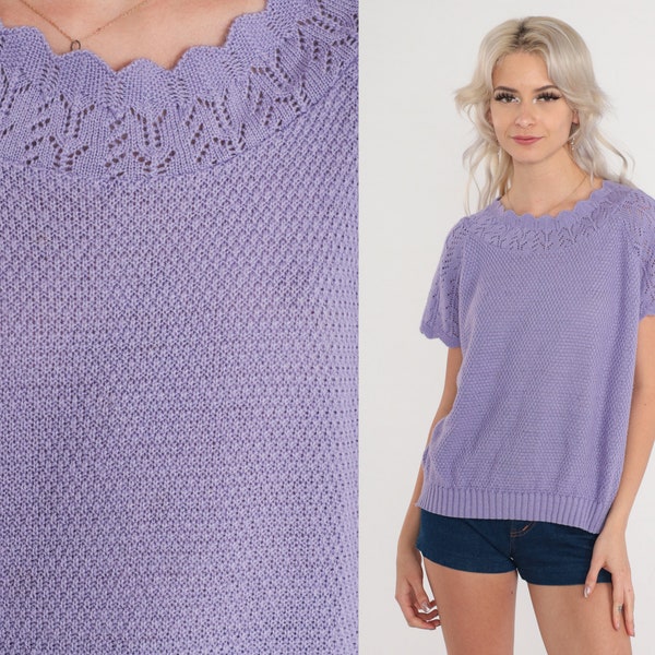 Purple Sweater Top 80s Pointelle Knit Shirt Cutout Short Sleeve Blouse Scalloped Spring Boho Open Weave Cut Out Acrylic Vintage 1980s Medium