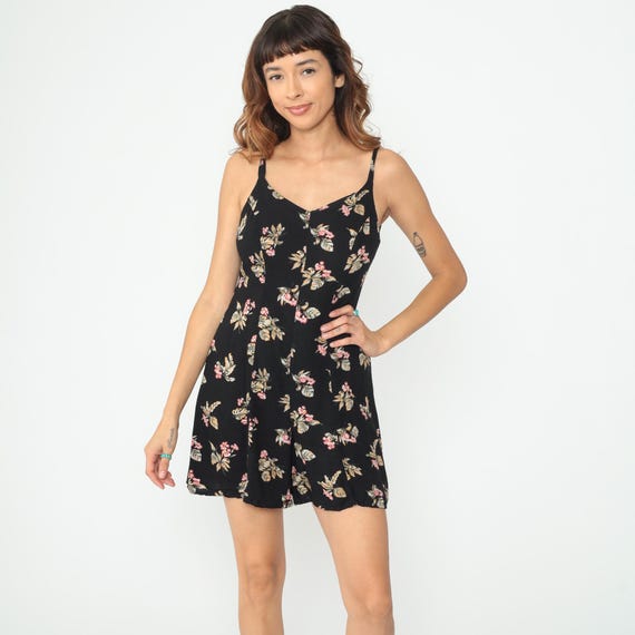 Black Floral Romper 90s Summer Playsuit Grunge Romper Dress Boho One Piece Woman Mini Dress Wide Leg culottes Sleeveless V Neck small S