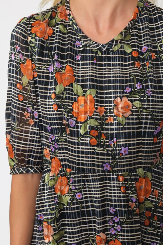 Checkered Floral Dress Midi Dress Bohemian Dress … - image 5