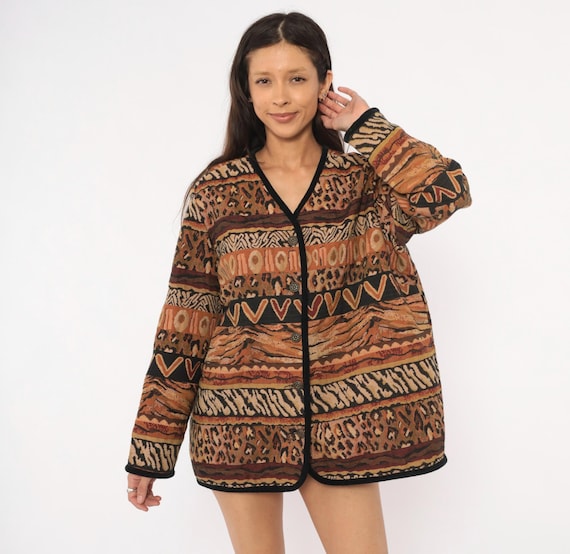 Y2K Tribal Tapestry Jacket Animal Print Cardigan Woven Cotton Earth Tone Safari Leopard Tiger Pattern Tan Brown Black Top Extra Large XL