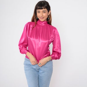 Pink Satin Shirt 80s Puff Sleeve Blouse Vintage Silky High Mock Neck Fuchsia Shirt Draped Long Sleeve Button Back Extra Small xs 2 Petite image 4