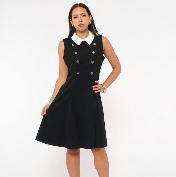 Y2K Mini Tommy Hilfiger Dress Double Breasted Black Sleeveless Fit Flare White Collared Preppy Collegiate Dark Academia Vintage Medium M