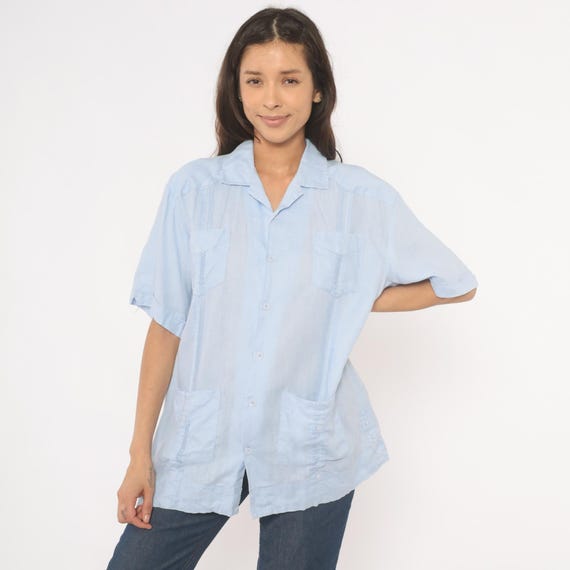 Linen Short Sleeve Shirt 90s Sky Blue Linen Button Front  Camp Collar Four Pocket Short Sleeve Pleated Top Powder Blue Medium M