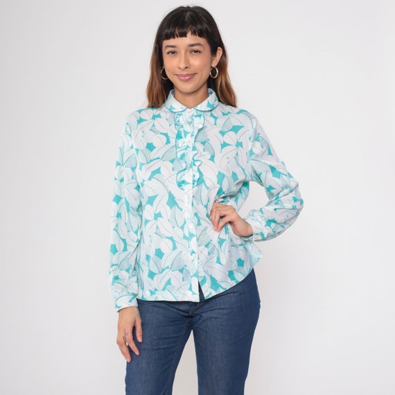 70s Ruffle Blouse 70s Leaf Print TUXEDO Button Up Top Peter pan collar Shirt 1970s Vintage Long Sleeve Shirt White Blue Large L
