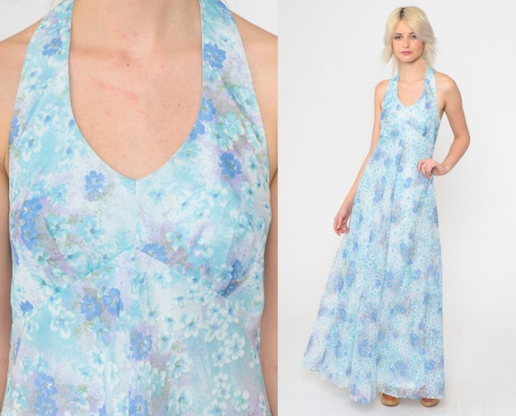 Floral Halter Dress 70s Maxi Dress Light Blue Sun… - image 1