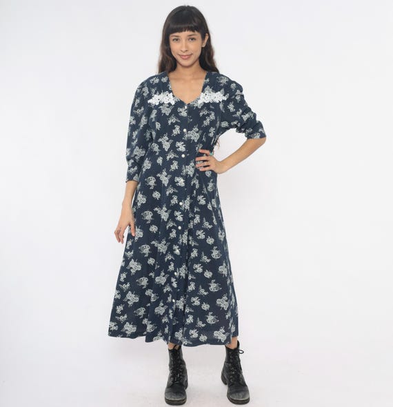 90s Blue Floral Dress Prairie Cottagecore V Neck Lace Collar Three Quarter Sleeve White Vintage Romantic Summer Fairycore Extra Large XL