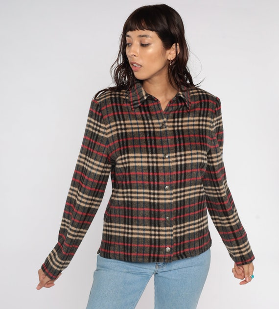 90s Plaid Jacket Wool Blend Jacket Red Grey Jacket 1990s Lumberjack Button Up Collared Jacket Grunge Vintage Medium