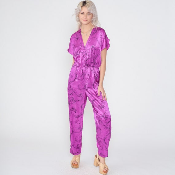 Purple Jumpsuit 80s Shiny Tapered Pantsuit Marble Swirl Print One Piece Romper Pants Short Sleeve V Neck Party Retro Vintage 1980s Small S