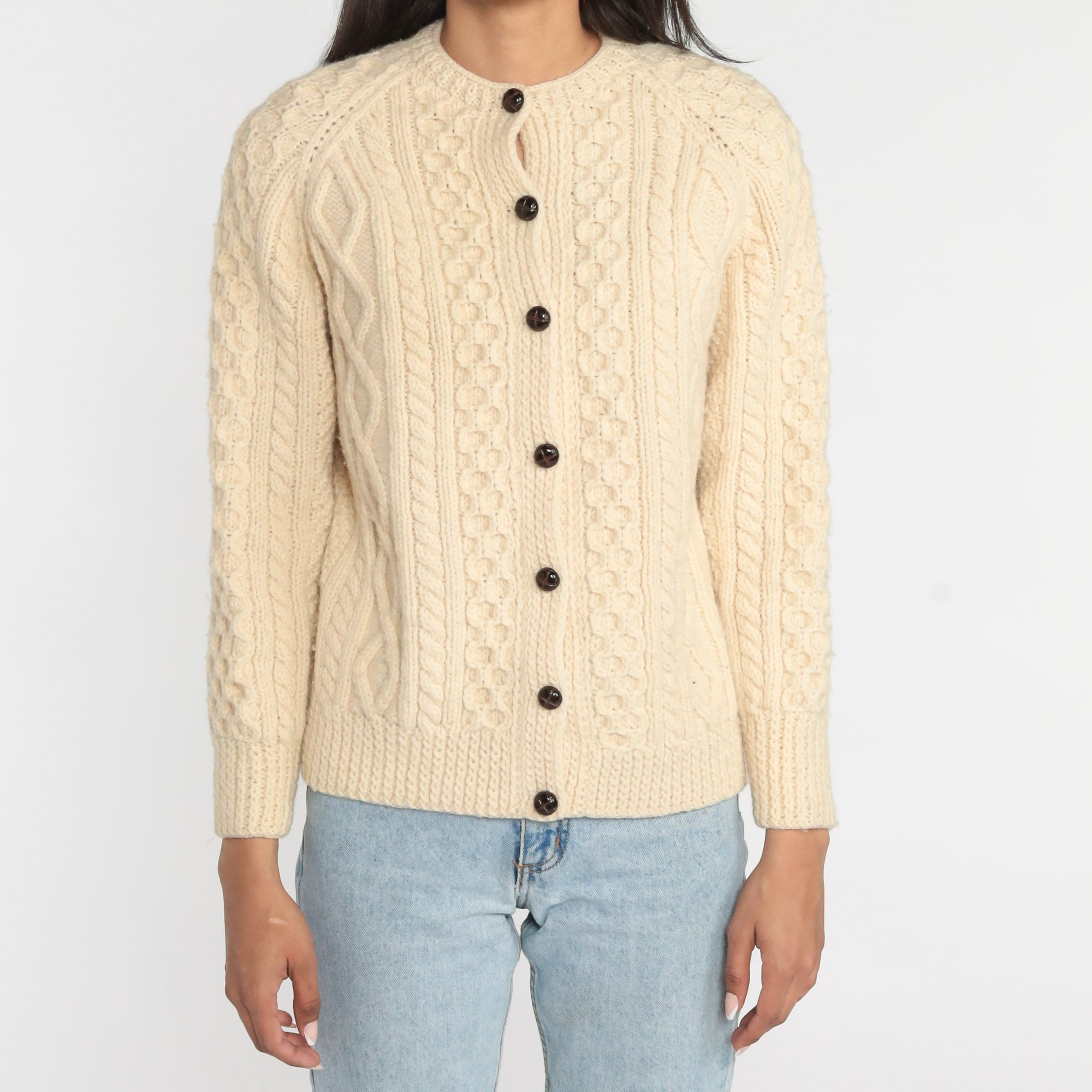Cream Wool Cardigan 80s Button Up Fisherman Sweater Cable Knit Irish ...