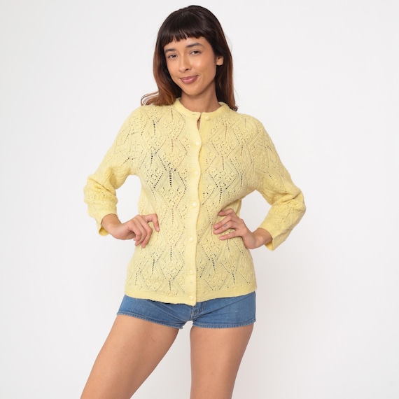Yellow Cardigan Sweater 70s Pointelle Open Weave Sheer Sweater Pastel Vintage Acrylic Knit 80s Slouchy Grandma Slouch Openwork Knit Small S