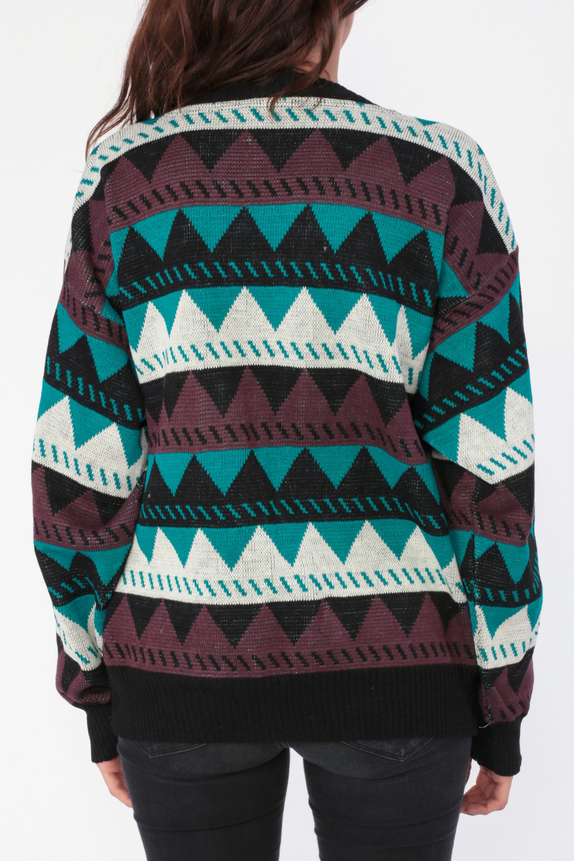 Geometric Striped Sweater 80s Zig Zag Sweater Black Turquoise Tribal