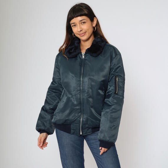 Vintage Dickies Flight Jacket 90s Navy Blue Bomber Quilted Faux Fur Collar Red Quilted Lining USA Made MA-1 Military Style 1990s Large L